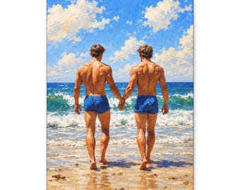 Cuadro de pareja gay en la playa, dos hombres tomados de la mano, arte romántico para la pared en la costa.