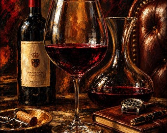 Red Wine Still Life Canvas, Wine Glass and Decanter, Elegant Home Bar Wall Art