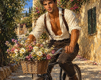 Gay Male Cyclist Canvas, Mediterranean Village Bicycle and Wildflowers Wall Art