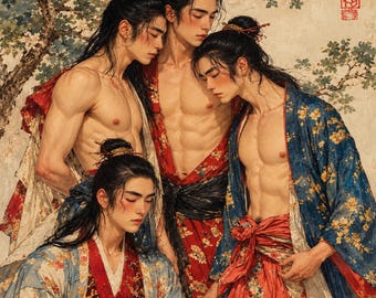 Gay Male Group Canvas, Four Men in Floral Robes, Romantic Asian Inspired Wall Art