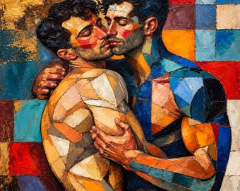 Gay Couple Kiss Canvas, Colorful Cubist Romance, Abstract Male Wall Art