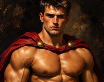 Spartan Warrior Canvas, Crimson Cloak Male Portrait, Greek Mythology Wall Art
