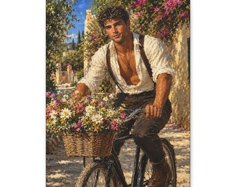 Cuadro con ciclista gay, bicicleta de pueblo mediterráneo y flores silvestres.