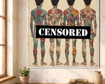 Lienzo con estampado floral de hombres tatuados, figura masculina, arte gay, decoración de pared
