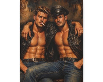 Lienzo de pareja gay en cuero, retrato de hombres moteros vintage, arte mural masculino