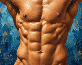 Gay Male Torso Canvas, Muscular Figure Study, Blue Impasto Wall Art