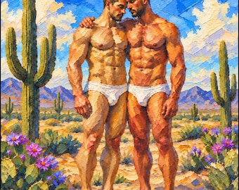 May include: An oil painting depicting two muscular figures standing together in a desert landscape. Both figures wear white briefs. The scene features tall green cacti, purple flowers, and distant mountains under a bright blue sky with clouds.