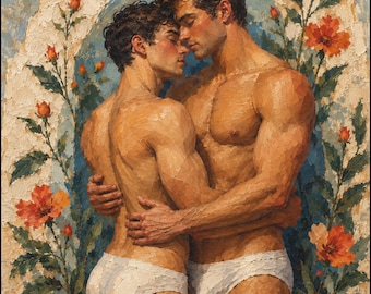 May include: An oil painting depicting two muscular figures embracing closely, both wearing white briefs. The scene is framed by textured, cream-colored stone arches and vibrant orange flowers with green leaves against a blue background.