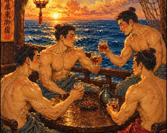 May include: An oil painting depicting four muscular men with hair tied in buns, sitting around a round wooden table on a balcony overlooking the ocean at sunset. They hold glasses of amber liquid, with a small bowl of nuts and a dark ceramic carafe on the table. A glowing paper lantern hangs above, and a vertical wooden sign with Japanese text is mounted on the left pillar.