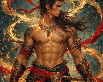Gay Fantasy Warrior Canvas, Golden Ribboned Male Portrait, LGBTQ Wall Art