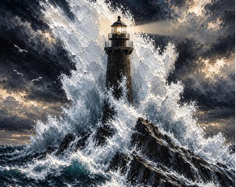 May include: An oil painting of a dark stone lighthouse standing on a jagged rock formation amidst a turbulent ocean. Large white waves crash against the base, while a bright beam of light shines from the lantern room into a stormy sky.
