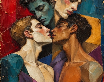 Gay Male Group Canvas, Four Men Cubist Portrait, Colorful LGBTQ Wall Art