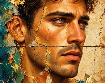Surreal Male Portrait Canvas, Teal and Gold Fresco Art, Masculine Wall Decor