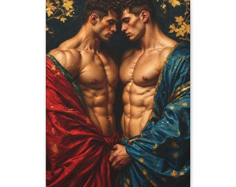 Lienzo con la imagen de una pareja gay, dos hombres con cortinas rojas y turquesas, arte mural romántico masculino.