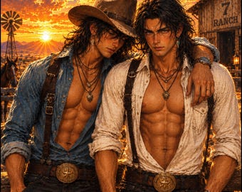 May include: Two individuals wearing unbuttoned long-sleeve shirts, one blue and one white, with dark denim jeans, leather belts featuring large star-shaped buckles, and leather suspenders. Both wear layered necklaces and wristwatches.