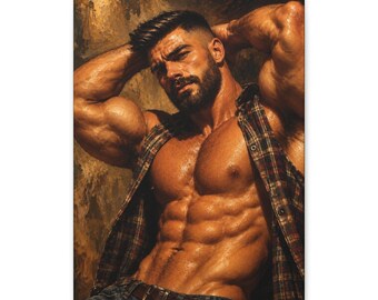 Lienzo de hombre musculoso gay, retrato de franela con barba, arte mural masculino