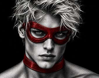 Masked Man Canvas, Black and White Male Portrait, Red Masquerade Wall Art
