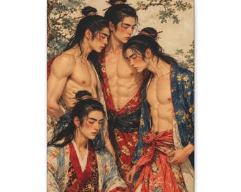 Lienzo con grupo de hombres homosexuales, cuatro hombres con túnicas florales, arte mural romántico de inspiración asiática.