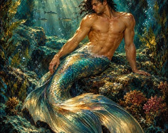 Handsome Merman Canvas, Gay Fantasy Art, Underwater Mermaid Wall Decor