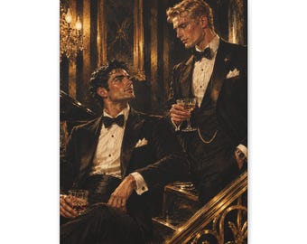 Lienzo de pareja gay con esmoquin, retrato romántico de hombres, arte de pared de etiqueta.