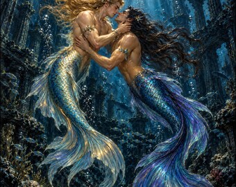 Romantic Mermen Canvas, Gay Mermaid Couple, Underwater Atlantis Fantasy Wall Art