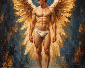 May include: An oil painting of a muscular figure with large, textured golden wings extending from the back. The figure has curly brown hair, is looking downward, and wears white briefs against a dark blue and gold impasto background.