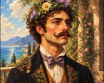May include: An oil painting of a person with curly brown hair and a handlebar mustache wearing a floral crown, a white collared shirt, a purple bow tie, a gold vest, and a dark jacket with gold floral embroidery against a coastal backdrop.
