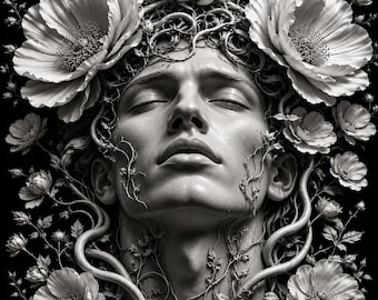 Black and White Floral Portrait Canvas, Surreal Botanical Face Wall Art