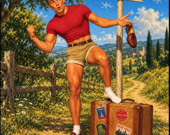 May include: A person wearing a red short-sleeved t-shirt, khaki shorts, white socks, and brown leather loafers. The person stands next to a wooden signpost labeled NY, NY and a brown suitcase with travel stickers from Paris, Cannes, and Rome.