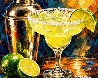 Margarita Cocktail Canvas, Colorful Lime Drink Painting, Home Bar Wall Art