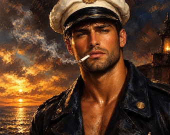 Lienzo de marinero elegante, retrato de capitán marítimo vintage, arte mural náutico.