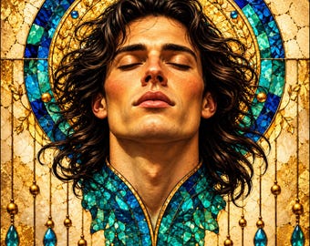 Golden Halo Male Portrait Canvas, Turquoise Mosaic Art, Celestial Wall Decor