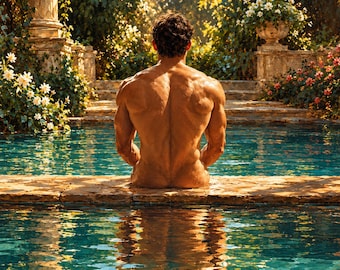 Gay Male Pool Canvas, Garden Retreat Portrait, Golden Hour Wall Art