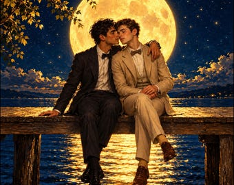 Romantic Gay Couple Canvas, Moonlight Kiss, Vintage Lakeside Love Wall Art