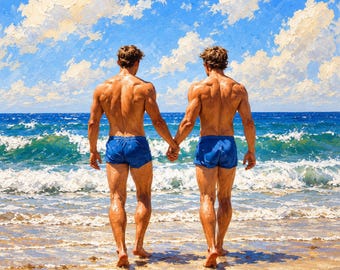 Gay Couple Beach Canvas, Two Men Holding Hands, Romantic Coastal Wall Art