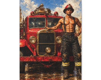 Lienzo de bombero gay, camión de bomberos antiguo y hombre musculoso, arte mural de bombero