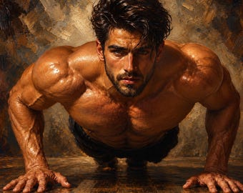Muscular Man Push Up Canvas, Male Fitness Portrait, Gym Motivation Wall Art