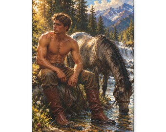 Lienzo de vaquero gay y caballo, arte mural del oeste de un arroyo de montaña