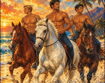 May include: An oil painting depicts three shirtless individuals riding horses along a beach at sunset. The central figure rides a white horse, flanked by two individuals on brown horses. The scene features ocean waves, palm trees, and mountains.