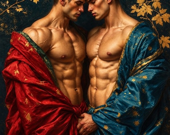 Gay Couple Canvas, Two Men in Red and Teal Drapery, Romantic Male Wall Art