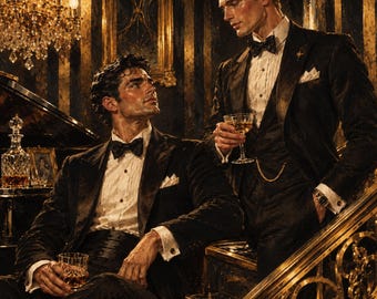 Gay Couple Tuxedo Canvas, Romantic Men Portrait, Black Tie Wall Art