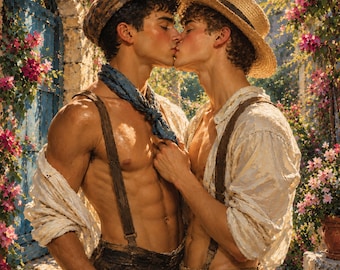 Gay Couple Kiss Canvas, Mediterranean Garden Romance, LGBTQ Wall Art