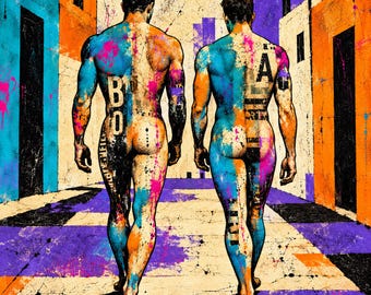 Gay Art Canvas, Two Men Walking, Colorful Urban Pop Art