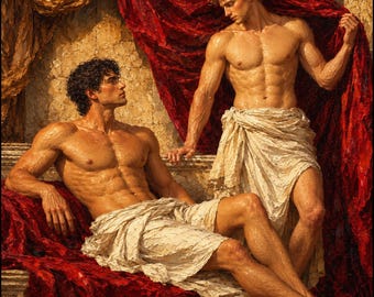 May include: An oil painting depicting two muscular figures with curly hair, one reclining and one standing. Both are draped in off-white fabric wraps against a backdrop of deep red, textured drapery and a stone-like wall with warm lighting.