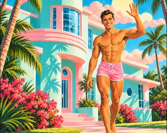 Retro Miami Boy Canvas, Gay Male Pinup, Pastel Miami Art Deco Wall Art