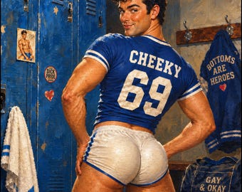 May include: A blue athletic jersey with white trim featuring the text CHEEKY and the number 69 on the back, paired with short white athletic shorts with blue trim. The jersey and shorts are worn by a person in a locker room setting.