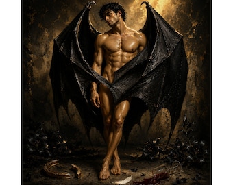 May include: A muscular figure with large, dark, textured wings stands in a dimly lit space. The figure has a defined physique and is partially draped by the wings. On the ground, there is a broken gold-colored ring, a single white feather, and a spilled glass of dark red liquid.