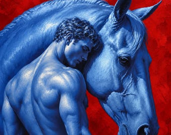 Lienzo con caballo azul y hombre, fondo rojo carmesí, arte mural ecuestre moderno.