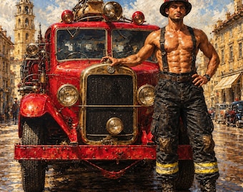 Gay Firefighter Canvas, Vintage Fire Truck and Muscular Man, Fireman Wall Art