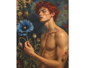 Retrato de hombre pelirrojo sobre lienzo, flores de amapola azul, arte mural botánico oscuro